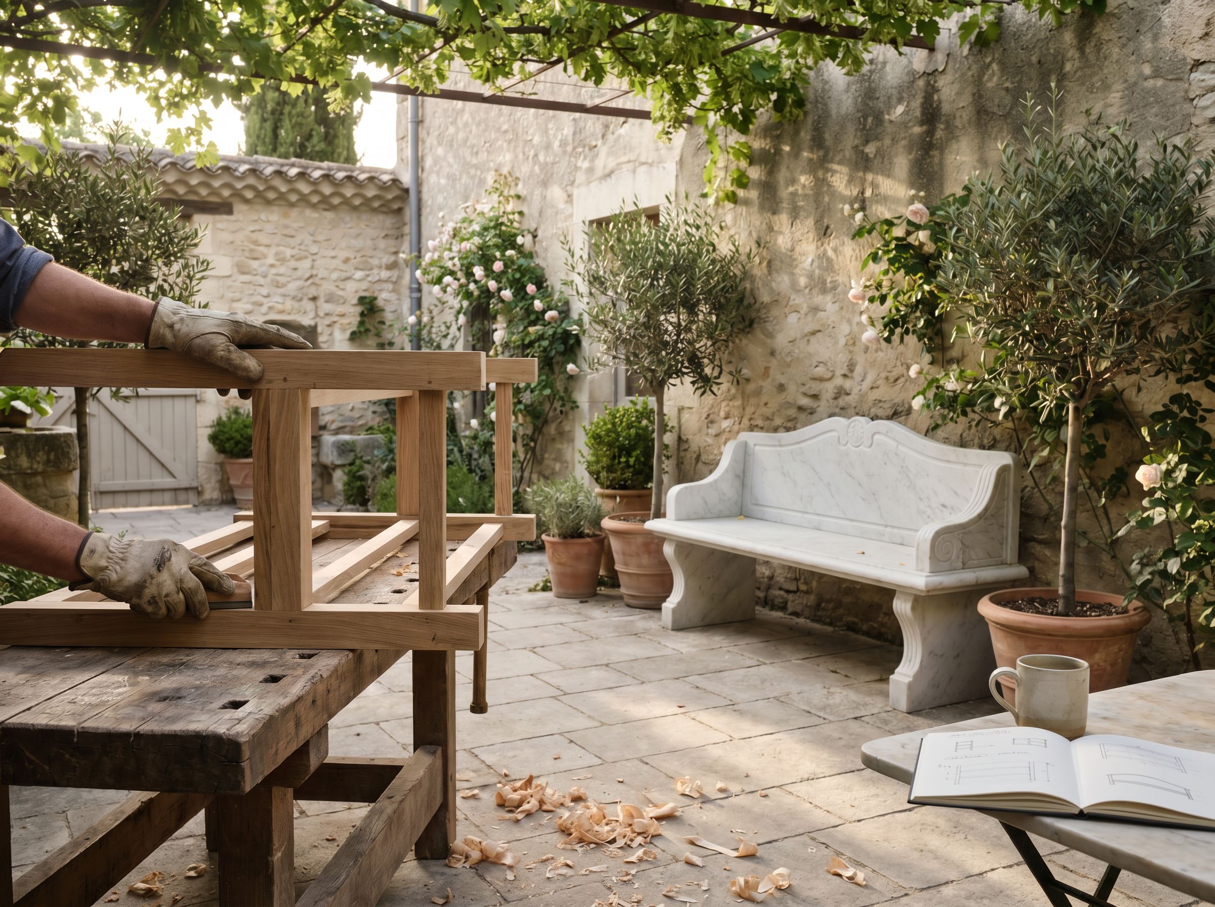 Banc en bois patiné posé sur une terrasse pavée à l'ombre d'un mur de pierre